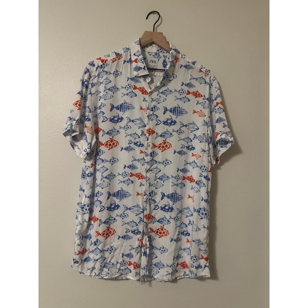 Zara Mens XL Short Sleeve Fish Print Button Down Shirt White Blue Red Regular